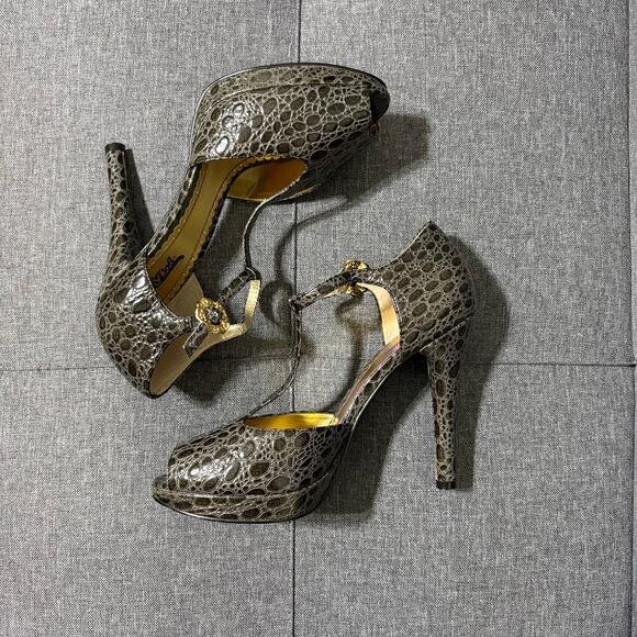 Hale Bob High Heel Shoe Women 7 Black Gray Alligator Leather Pump Peep Toe - Picture 7 of 9